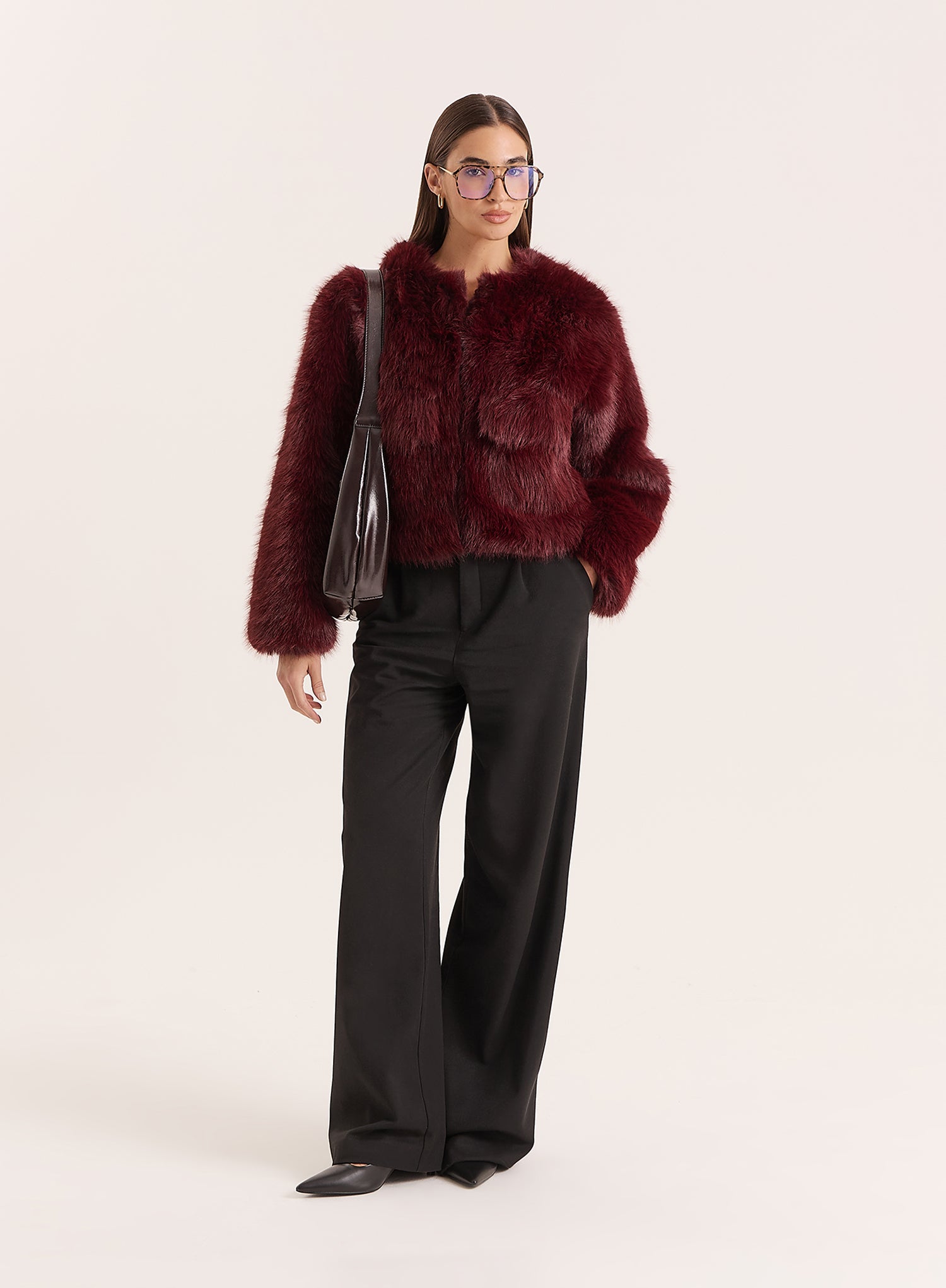 Burgundy Faux Fur Cropped Jacket